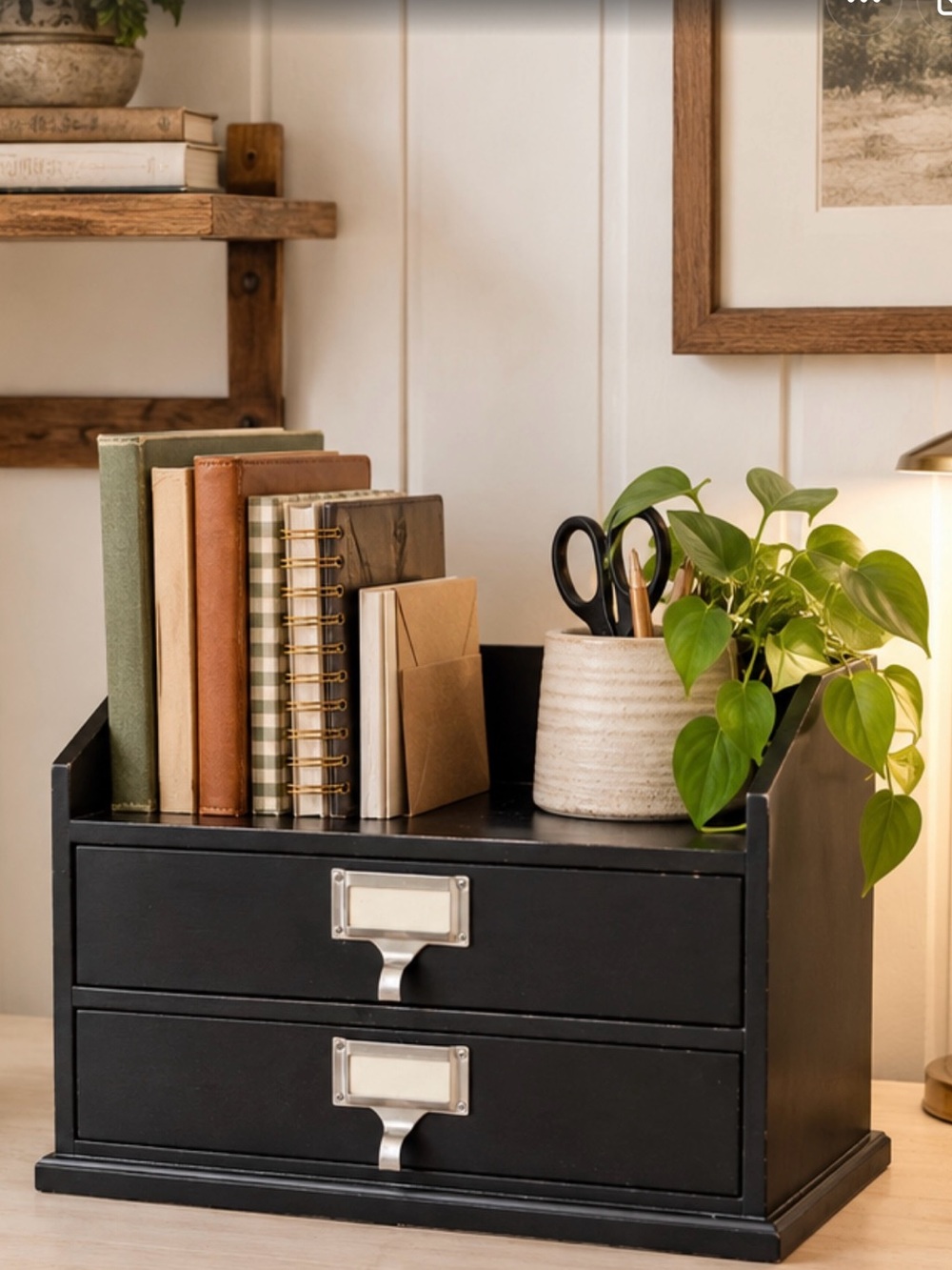 Potterybarn Classic Black Wood Desk Organizer Two Drawers Brushed Silver Pulls